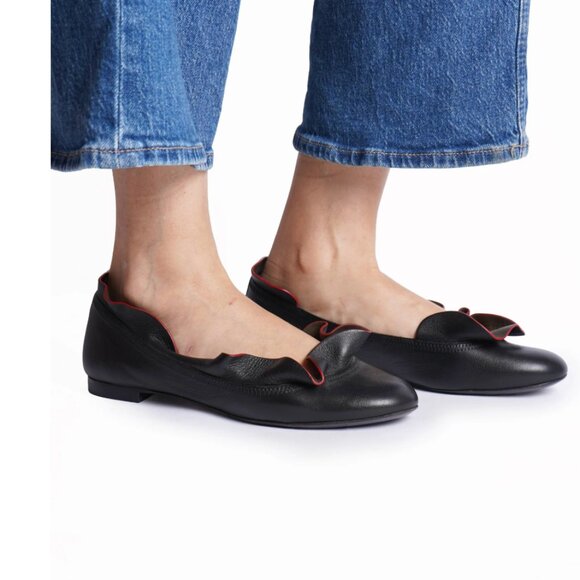 Fendi Red Leather Ruffle Trim Ballet Flats - Picture 1 of 5